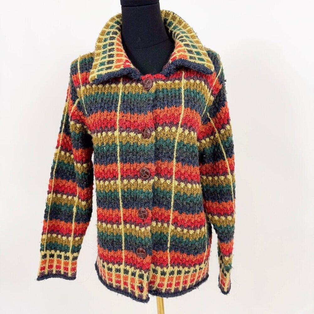 VINTAGE STYLE QUILT PLAID MULTI COLOR BUTTON UP WOOL CARDIGAN MEDIUM